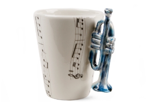 Did you know that archaeologists found bronze and silver trumpets in Tutankhamen's tomb? Early trumpets like these and others found in china and Scandinavia date back as far as 1500 BC! This more modern version is replicated on a super jazzy Blue Witch ceramic.