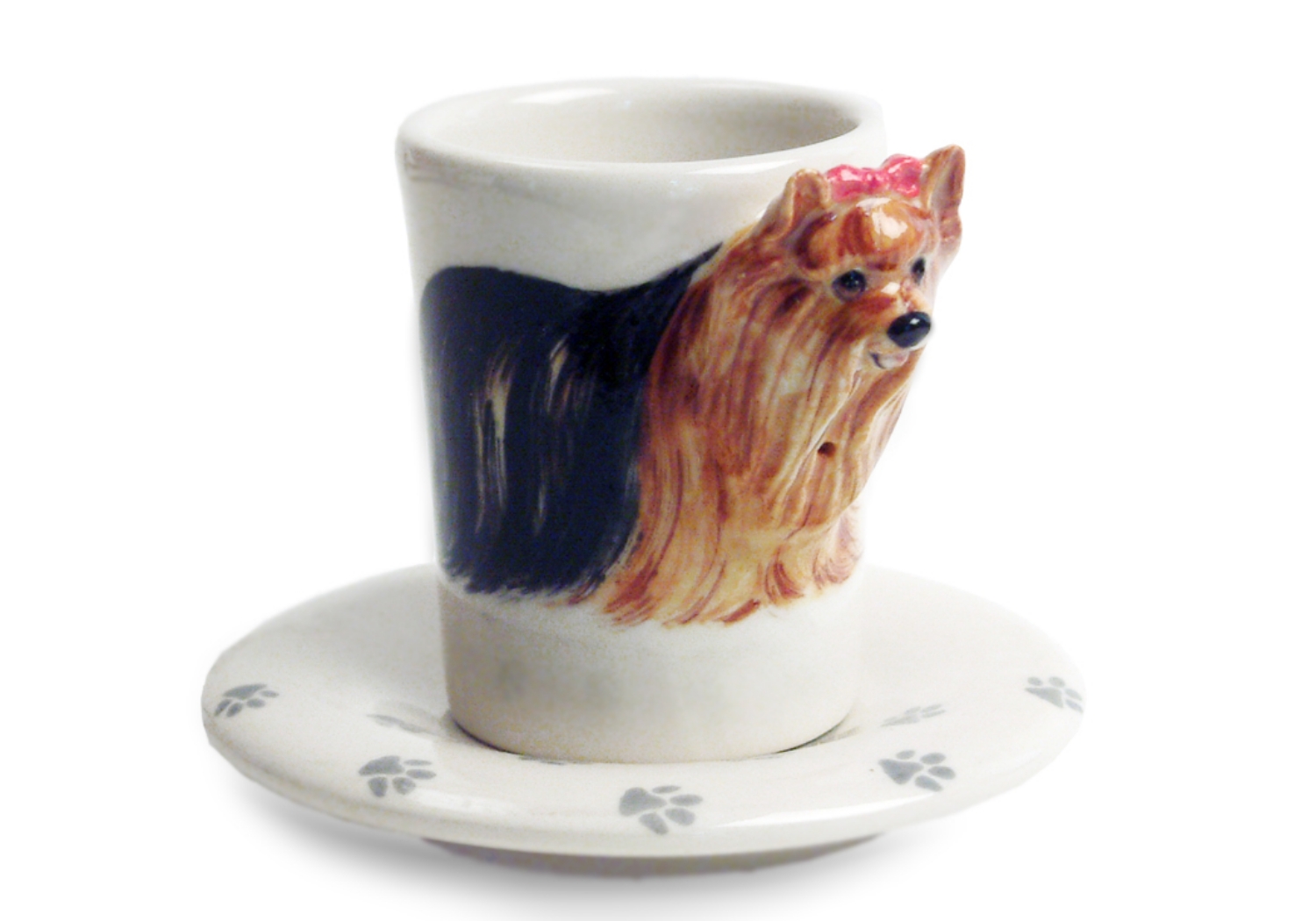 A pretty Blue Witch ceramic depicting the courageous and spirited Yorkshire Terrier. This feisty little breed hails from the north of England and is a working dog bred specifically for hunting vermin in factories.
