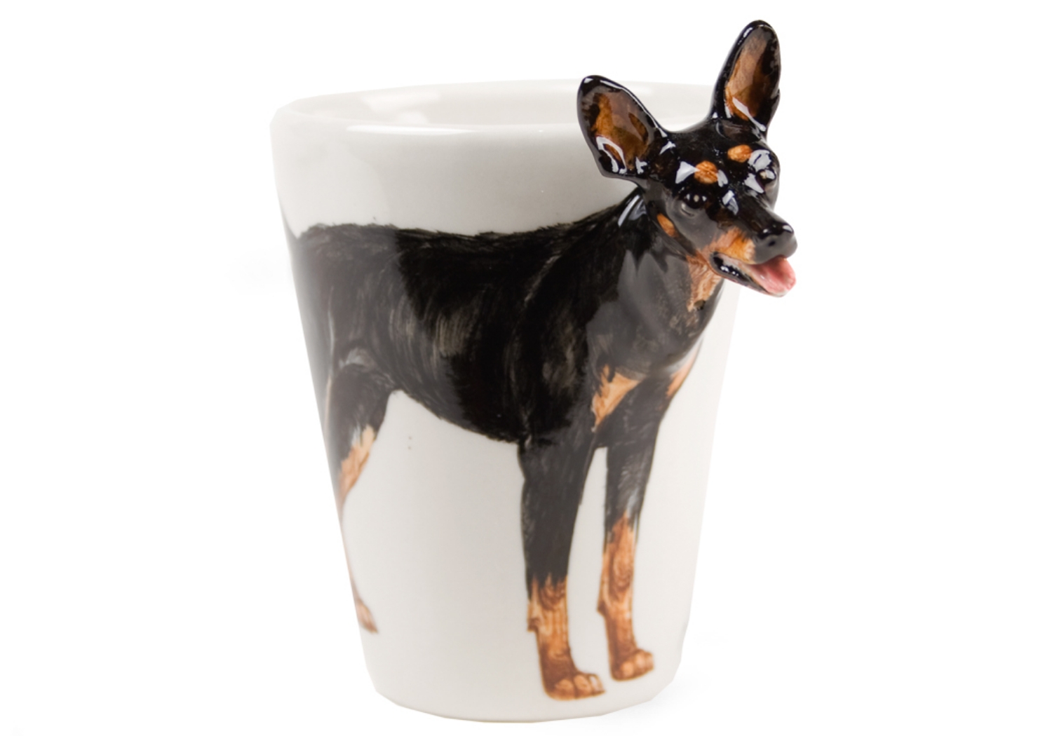 Known as the 'min pin', and 'King of the toy dogs'. The Miniature Pinscher is not  a miniature Doberman, it is actually a far older breed, which was first bred to hunt vermin. Wonderfully presented on a Blue Witch ceramic.