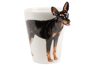 Known as the 'min pin', and 'King of the toy dogs'. The Miniature Pinscher is not  a miniature Doberman, it is actually a far older breed, which was first bred to hunt vermin. Wonderfully presented on a Blue Witch ceramic.