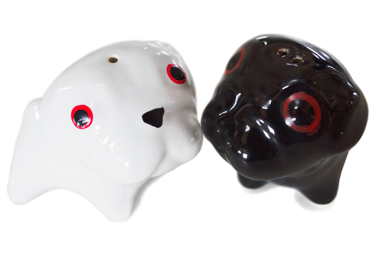 A charming breed originating from China as a companion dog for royalty. The charismatic Pug is captured prettily on this lovely ceramic salt and pepper cruet set!