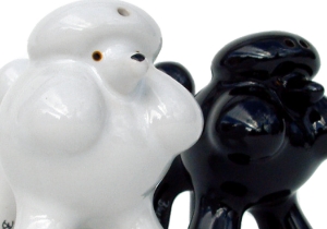 Known for its charisma and intelligence, making it a widespread family pet around the world. The super posh Poodle is depicted gorgeously on this ceramic salt and pepper cruet set!