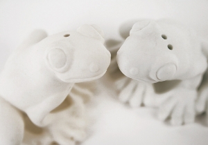 Friends of the Earth. A charming Frog perched on a unique Unpainted Cruet Set with exquisite background detail of a lily pad to give extra depth. Blue Witch brings this little creature to life.